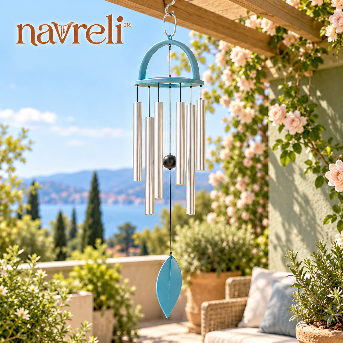 navreli™ Willow Arc 28-Inch Aluminum Wind Chime with Leaf Sail, Hanging Outdoor Decor for Porch, Balcony & Garden