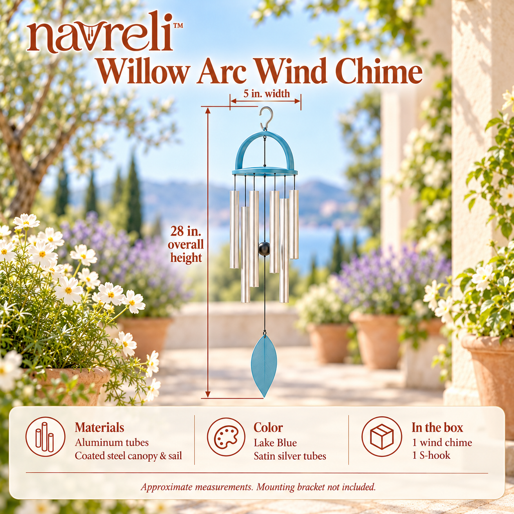 navreli™ Willow Arc 28-Inch Aluminum Wind Chime with Leaf Sail, Hanging Outdoor Decor for Porch, Balcony & Garden