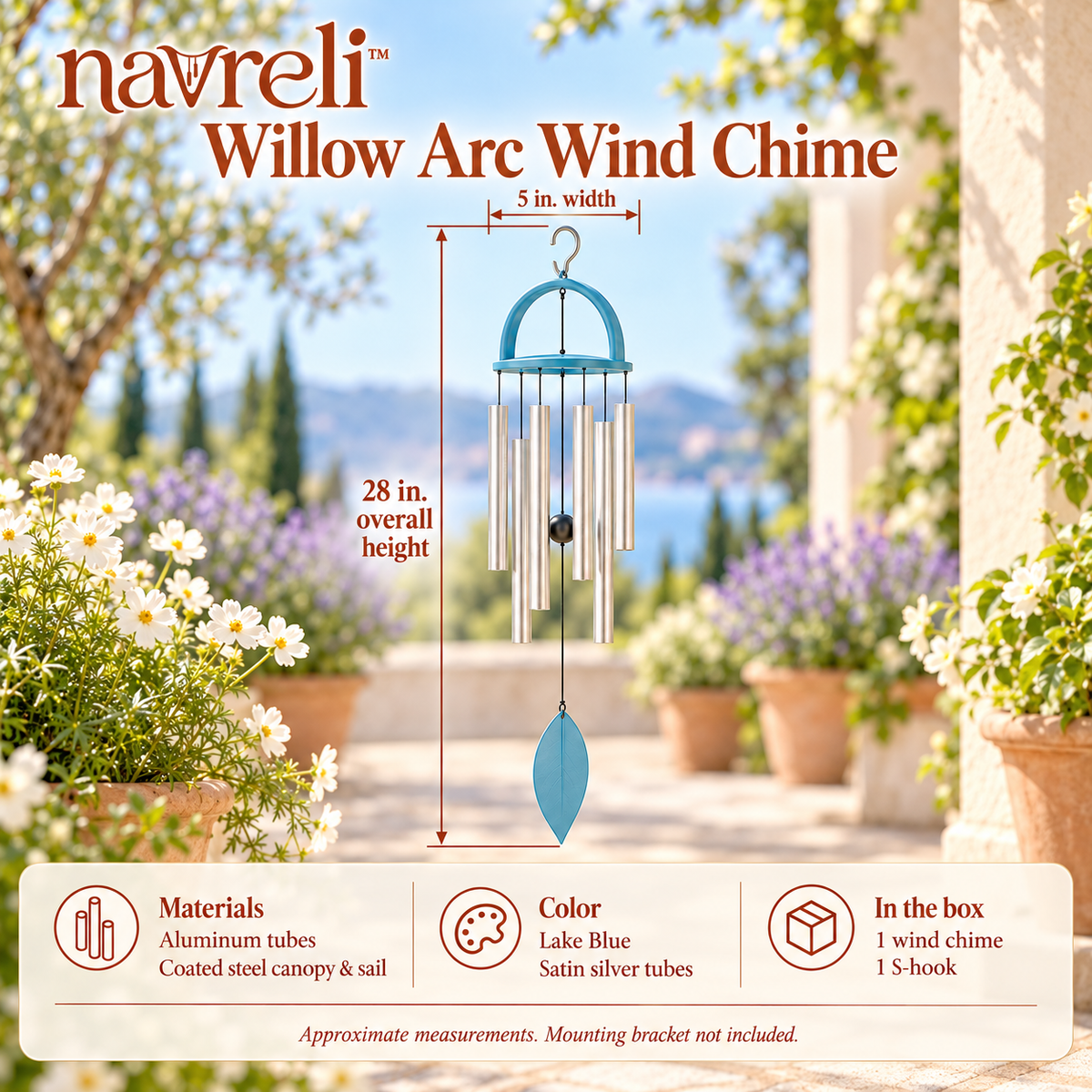 navreli™ Willow Arc 28-Inch Aluminum Wind Chime with Leaf Sail, Hanging Outdoor Decor for Porch, Balcony & Garden