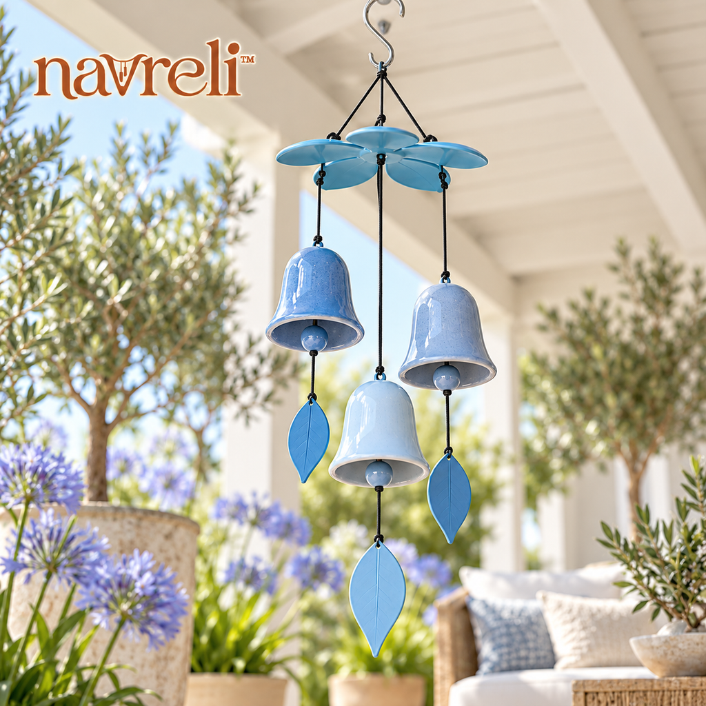 navreli™ Petal Canopy 22-Inch Ceramic Bell Wind Chime, Three-Bell Hanging Patio & Covered Balcony Decoration