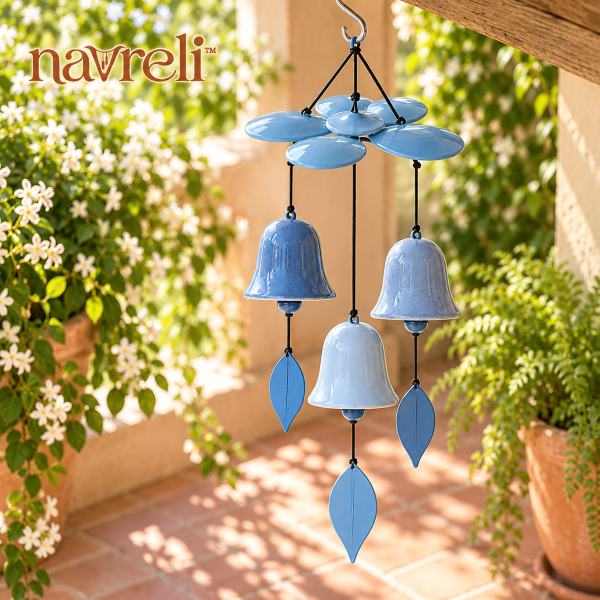 navreli™ Petal Canopy 22-Inch Ceramic Bell Wind Chime, Three-Bell Hanging Patio & Covered Balcony Decoration