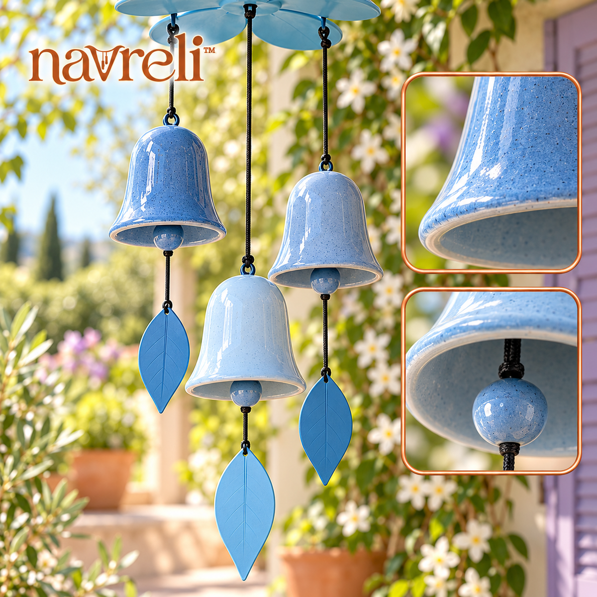 navreli™ Petal Canopy 22-Inch Ceramic Bell Wind Chime, Three-Bell Hanging Patio & Covered Balcony Decoration