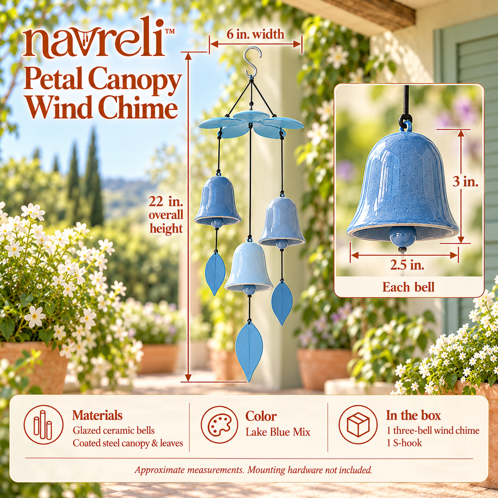 navreli™ Petal Canopy 22-Inch Ceramic Bell Wind Chime, Three-Bell Hanging Patio & Covered Balcony Decoration