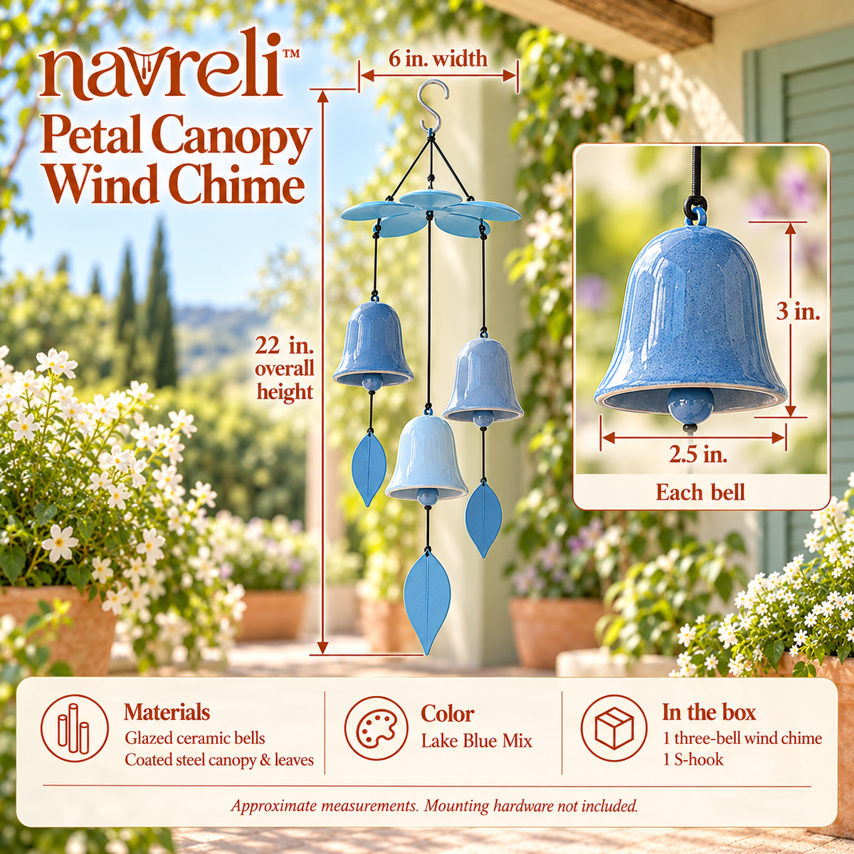 navreli™ Petal Canopy 22-Inch Ceramic Bell Wind Chime, Three-Bell Hanging Patio & Covered Balcony Decoration