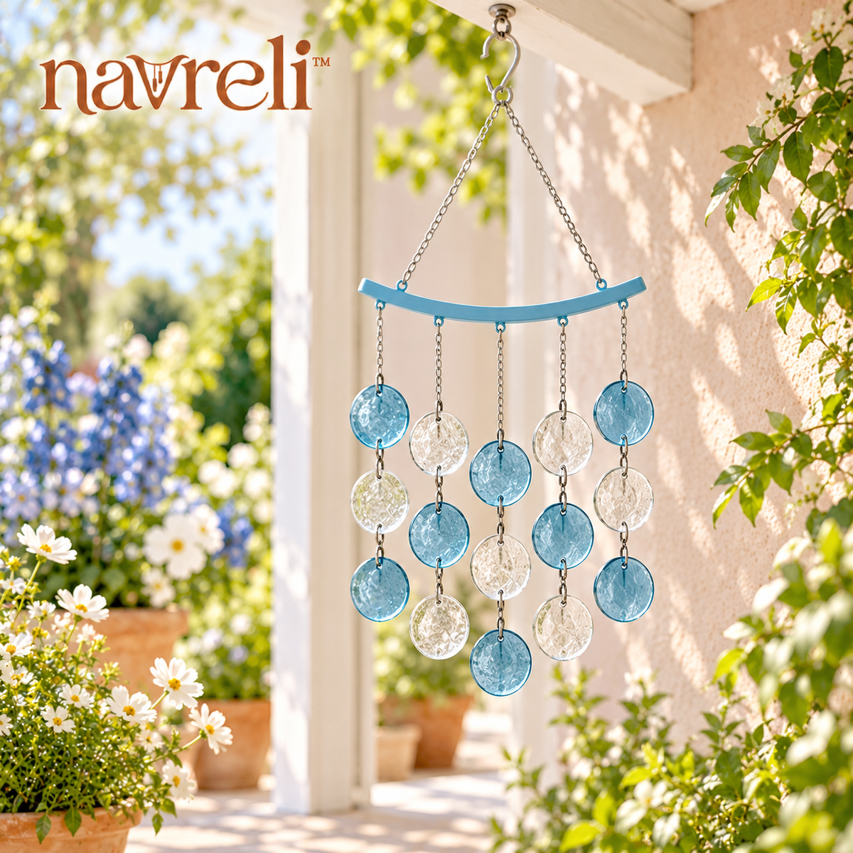 navreli™ Shoreline Cascade 24-Inch Glass Wind Chime, Five-Strand Hanging Suncatcher Decor for Covered Porches