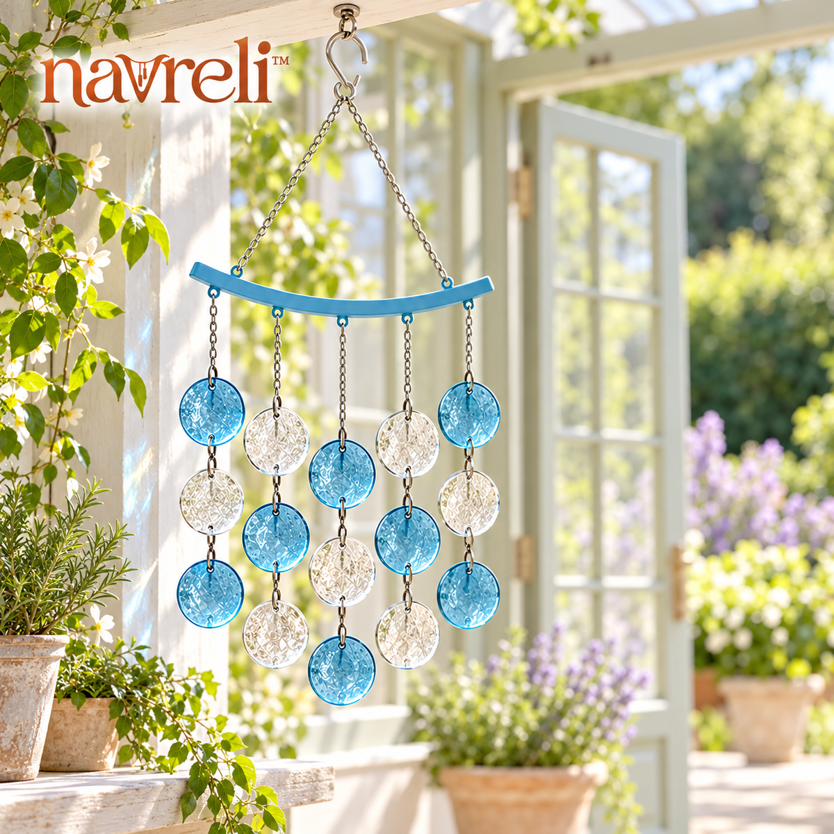 navreli™ Shoreline Cascade 24-Inch Glass Wind Chime, Five-Strand Hanging Suncatcher Decor for Covered Porches