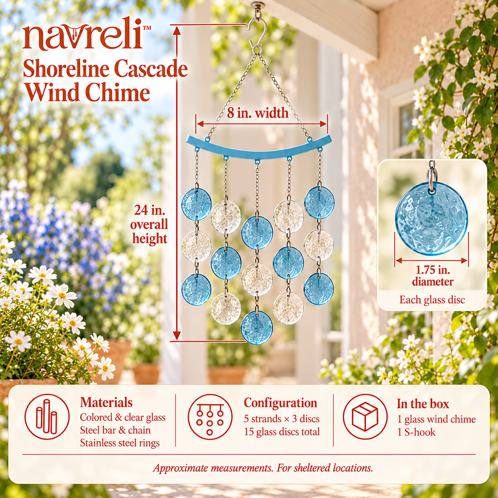 navreli™ Shoreline Cascade 24-Inch Glass Wind Chime, Five-Strand Hanging Suncatcher Decor for Covered Porches