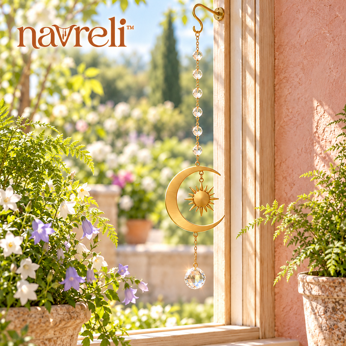 navreli™ Orbit Drop 18-Inch Glass Prism Suncatcher, Hanging Sun & Moon Window Decoration with Faceted Pendant