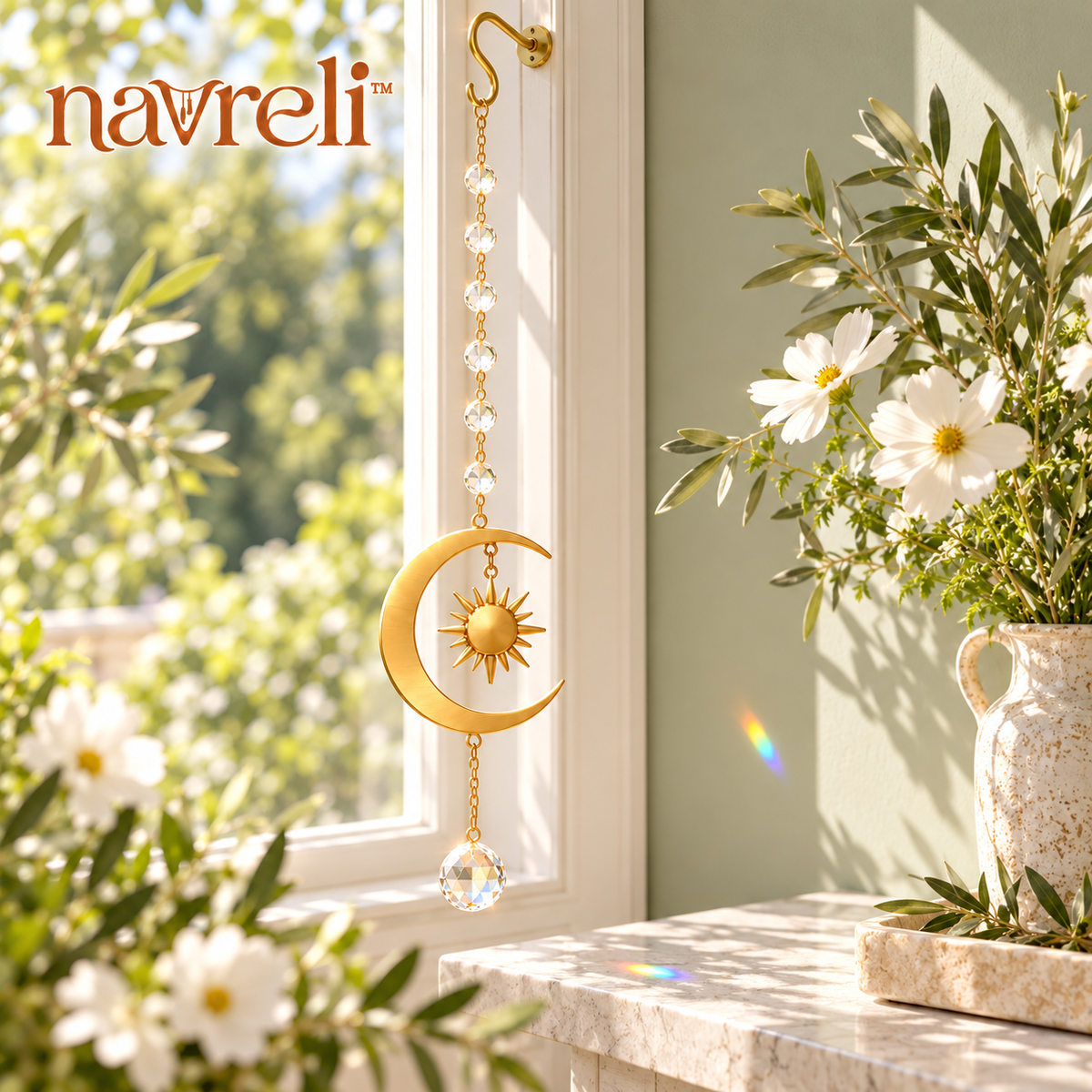 navreli™ Orbit Drop 18-Inch Glass Prism Suncatcher, Hanging Sun & Moon Window Decoration with Faceted Pendant