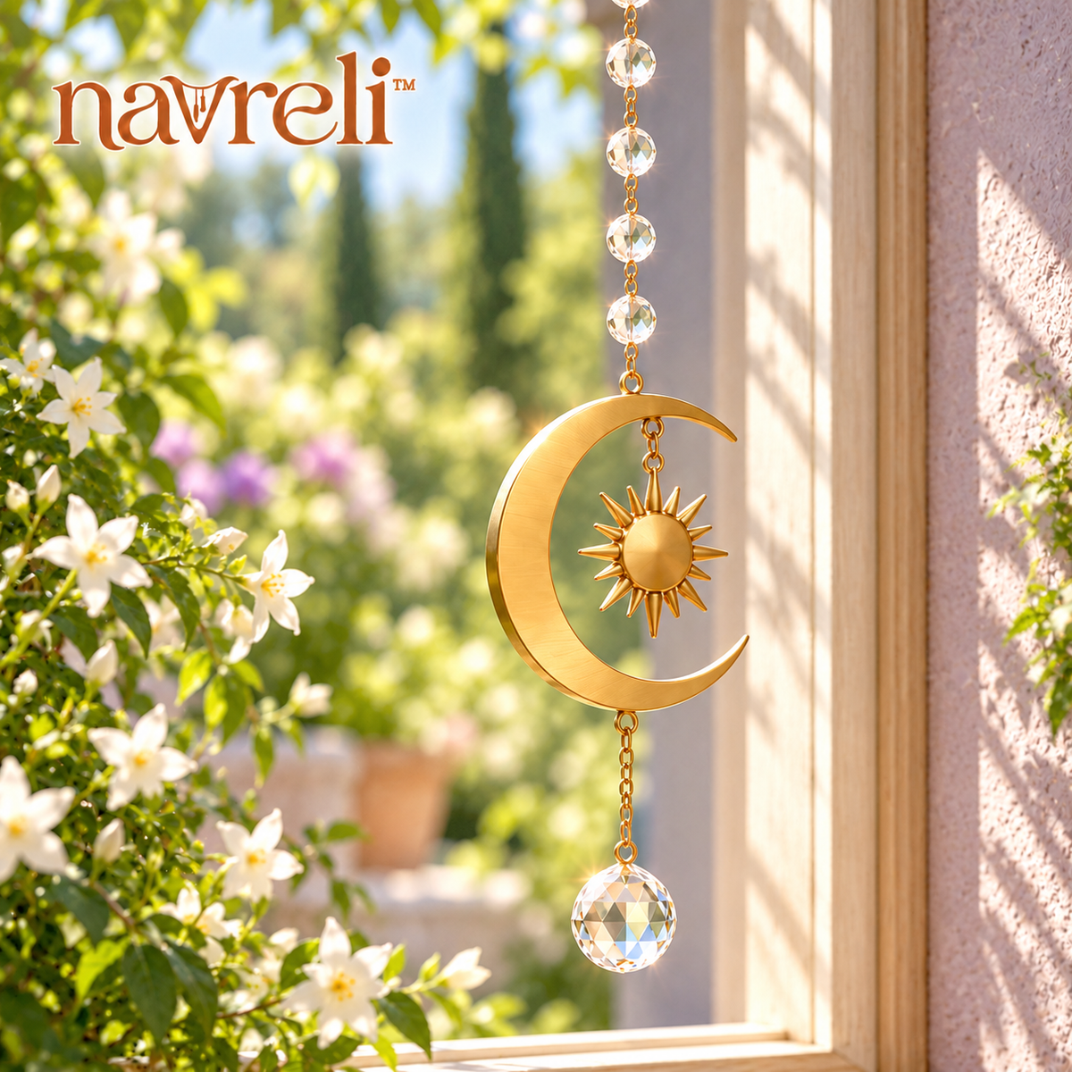 navreli™ Orbit Drop 18-Inch Glass Prism Suncatcher, Hanging Sun & Moon Window Decoration with Faceted Pendant