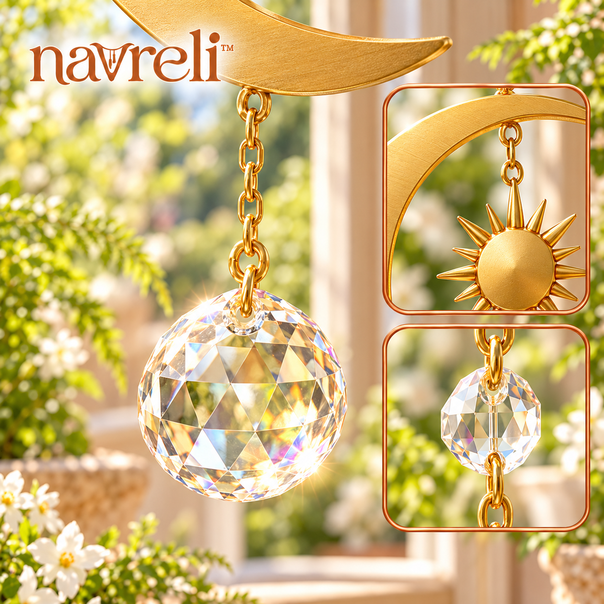 navreli™ Orbit Drop 18-Inch Glass Prism Suncatcher, Hanging Sun & Moon Window Decoration with Faceted Pendant