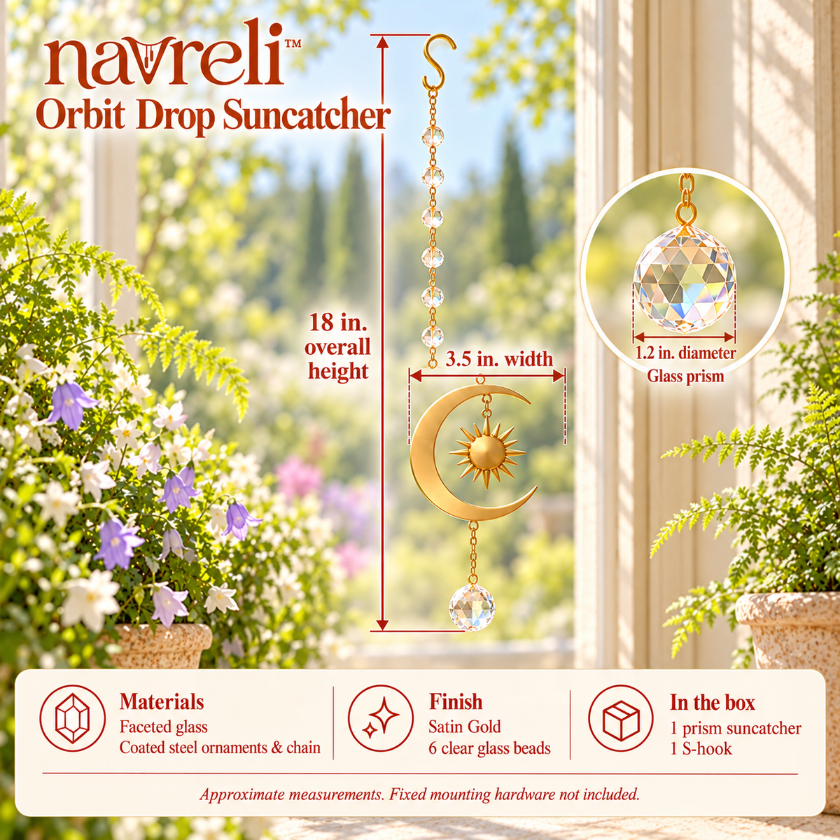 navreli™ Orbit Drop 18-Inch Glass Prism Suncatcher, Hanging Sun & Moon Window Decoration with Faceted Pendant