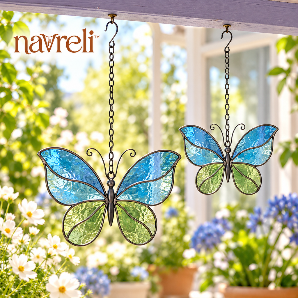 navreli™ Flutter Pair Glass Suncatcher Set of 2, Butterfly Hanging Window Ornaments for Sunrooms & Covered Patios