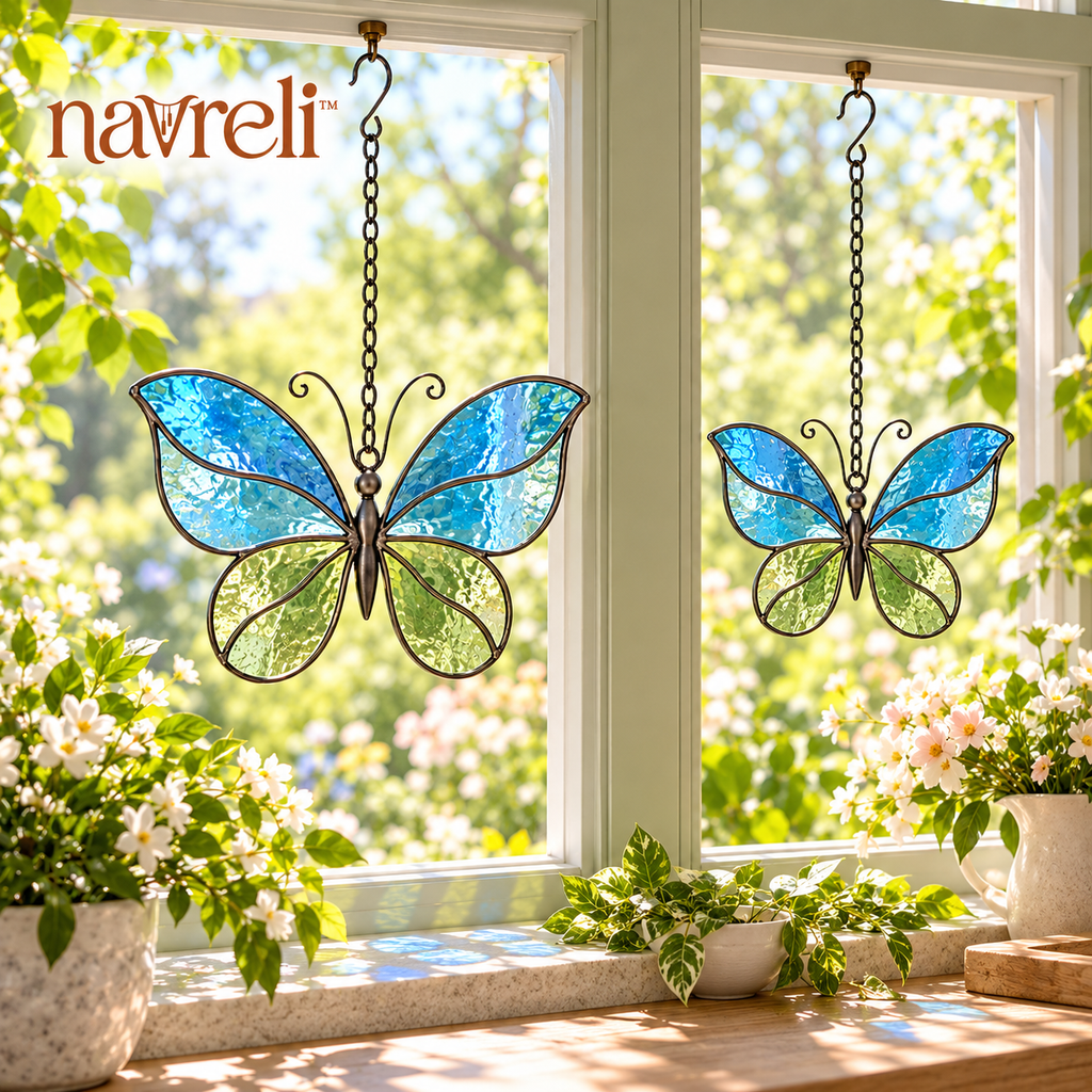 navreli™ Flutter Pair Glass Suncatcher Set of 2, Butterfly Hanging Window Ornaments for Sunrooms & Covered Patios