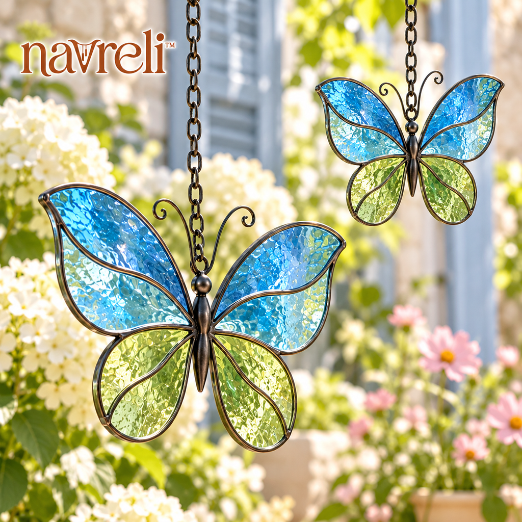 navreli™ Flutter Pair Glass Suncatcher Set of 2, Butterfly Hanging Window Ornaments for Sunrooms & Covered Patios