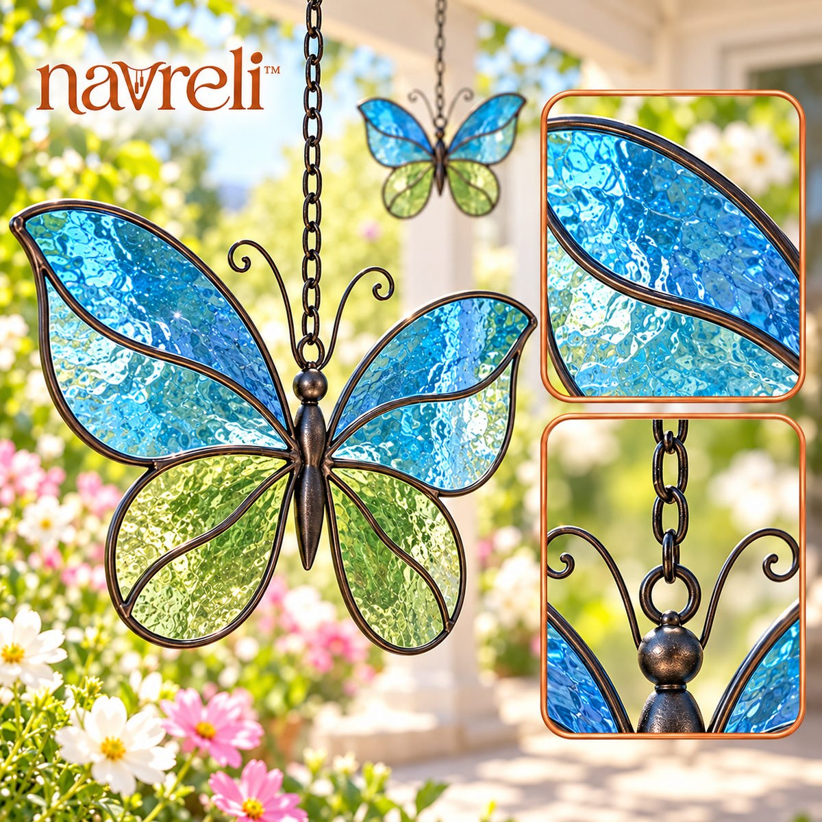 navreli™ Flutter Pair Glass Suncatcher Set of 2, Butterfly Hanging Window Ornaments for Sunrooms & Covered Patios