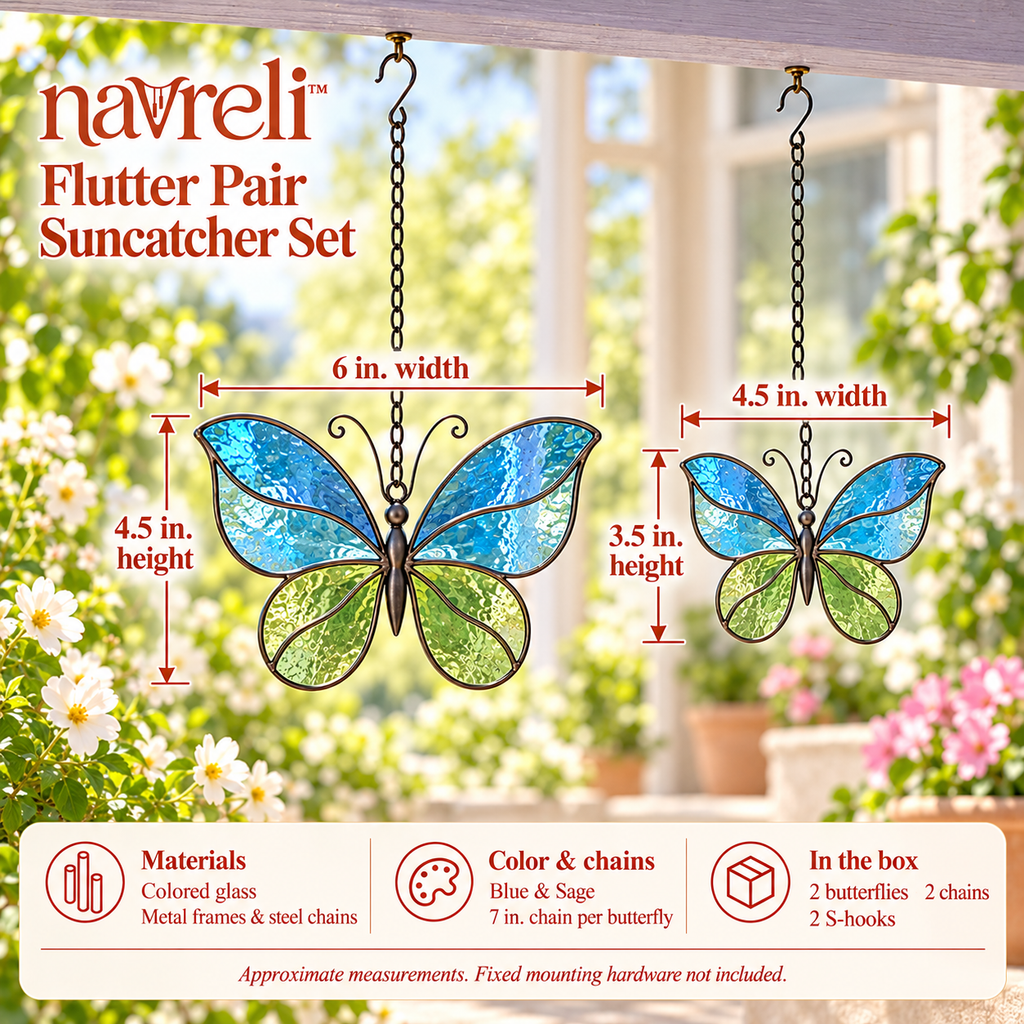 navreli™ Flutter Pair Glass Suncatcher Set of 2, Butterfly Hanging Window Ornaments for Sunrooms & Covered Patios