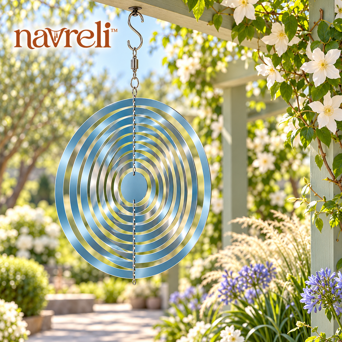 navreli™ Ripple Halo 12-Inch Stainless Steel Hanging Wind Spinner, Expandable Kinetic Garden & Balcony Decor
