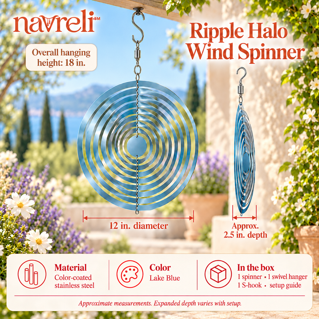 navreli™ Ripple Halo 12-Inch Stainless Steel Hanging Wind Spinner, Expandable Kinetic Garden & Balcony Decor