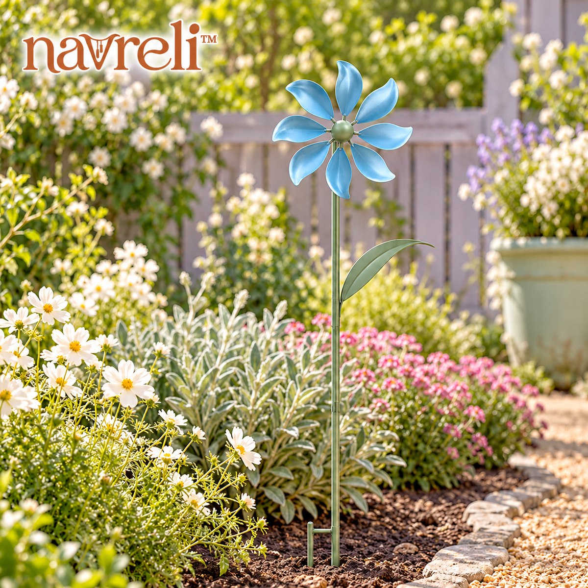 navreli™ Petal Current 48-Inch Metal Garden Wind Spinner Stake, 12-Inch Flower Yard Art for Patios & Flower Beds