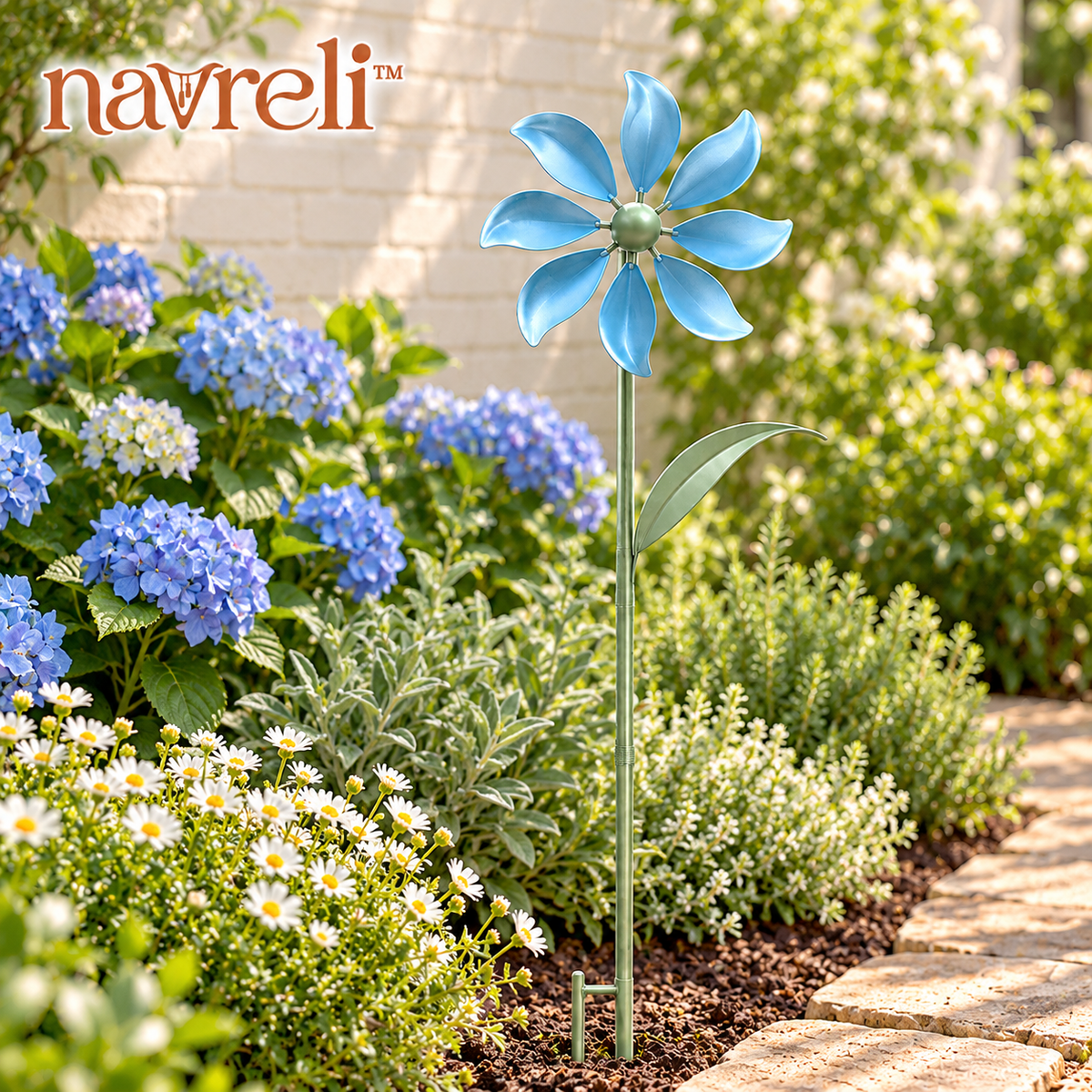 navreli™ Petal Current 48-Inch Metal Garden Wind Spinner Stake, 12-Inch Flower Yard Art for Patios & Flower Beds