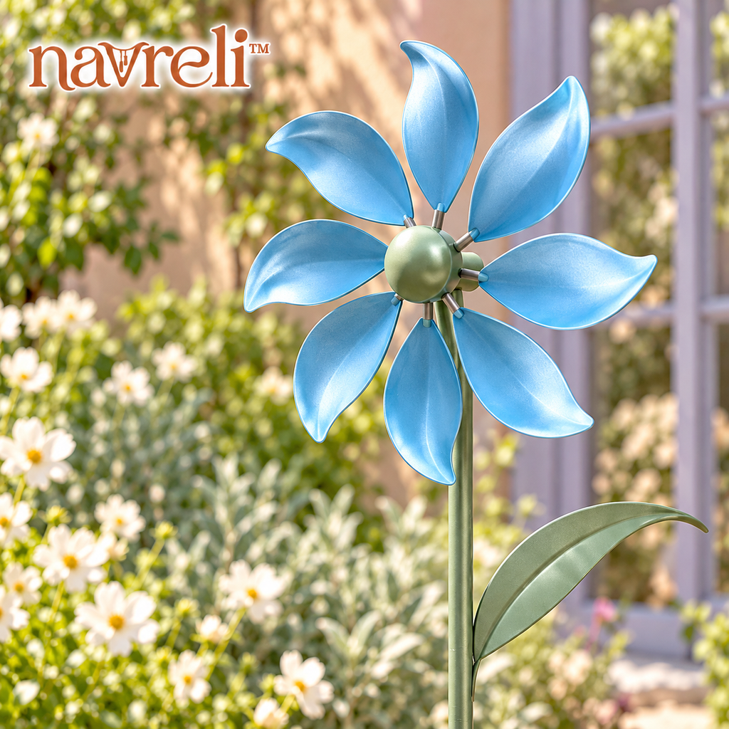 navreli™ Petal Current 48-Inch Metal Garden Wind Spinner Stake, 12-Inch Flower Yard Art for Patios & Flower Beds