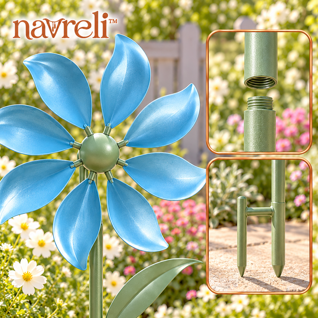 navreli™ Petal Current 48-Inch Metal Garden Wind Spinner Stake, 12-Inch Flower Yard Art for Patios & Flower Beds