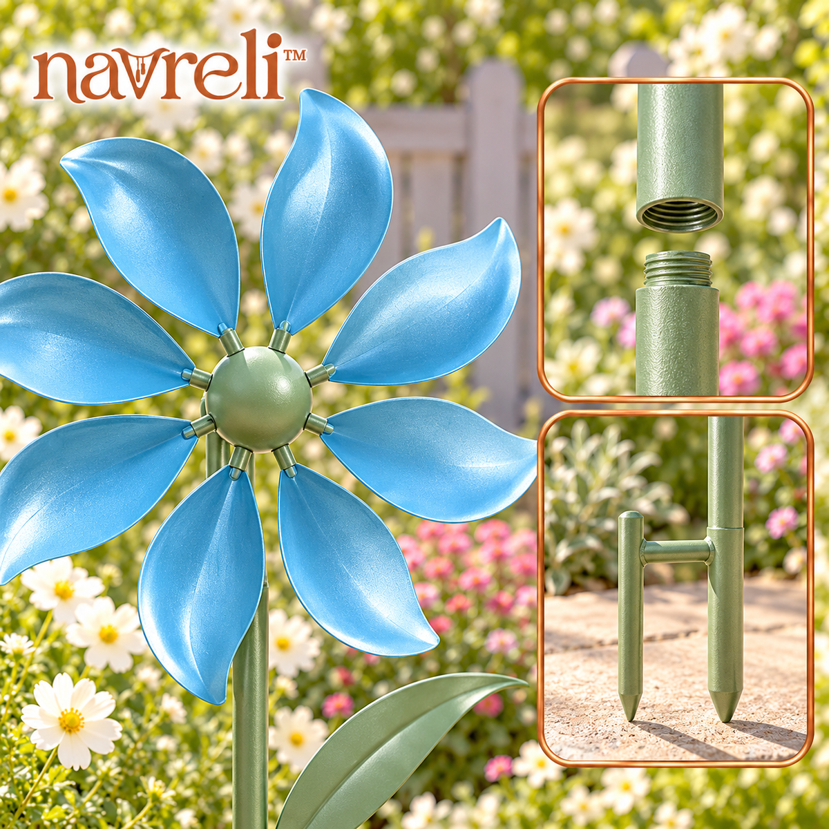 navreli™ Petal Current 48-Inch Metal Garden Wind Spinner Stake, 12-Inch Flower Yard Art for Patios & Flower Beds