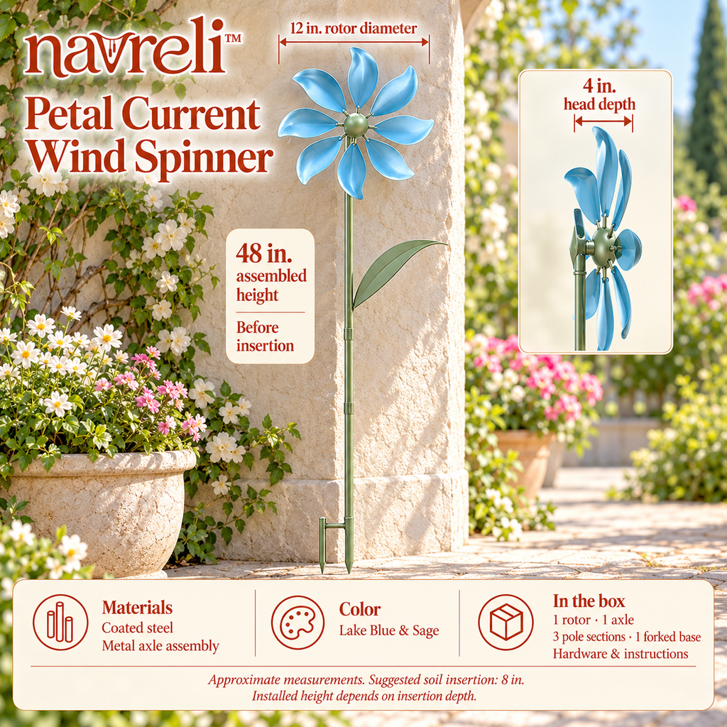 navreli™ Petal Current 48-Inch Metal Garden Wind Spinner Stake, 12-Inch Flower Yard Art for Patios & Flower Beds
