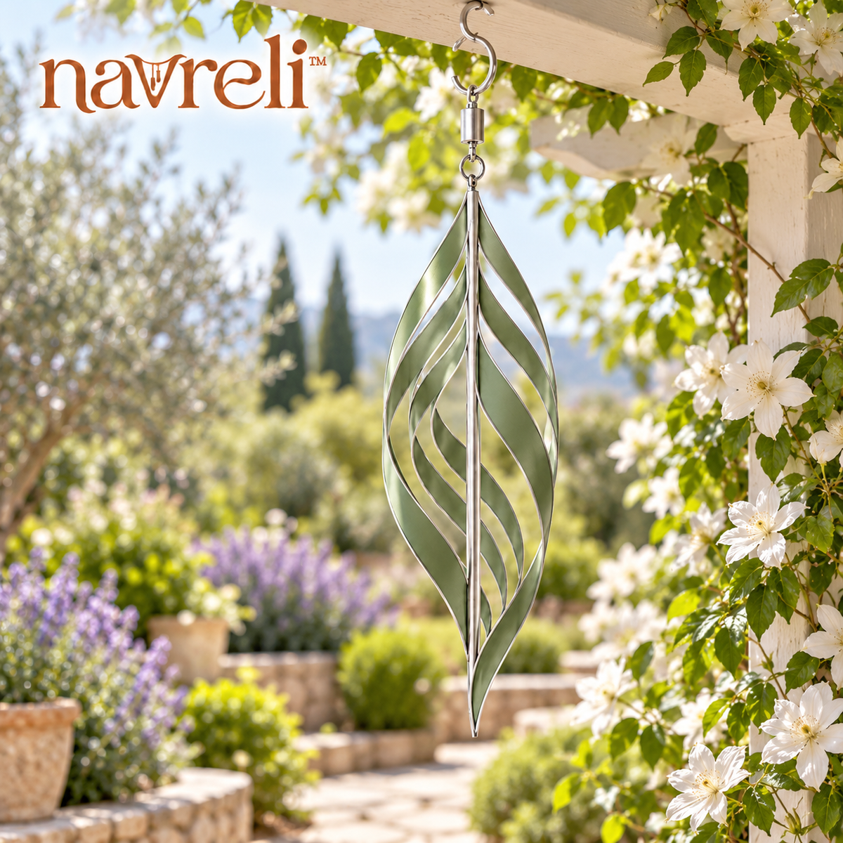 navreli™ Twisting Leaf 24-Inch Hanging Spiral Wind Spinner, Metal Kinetic Porch & Garden Ornament
