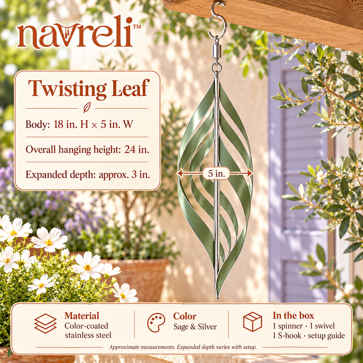 navreli™ Twisting Leaf 24-Inch Hanging Spiral Wind Spinner, Metal Kinetic Porch & Garden Ornament