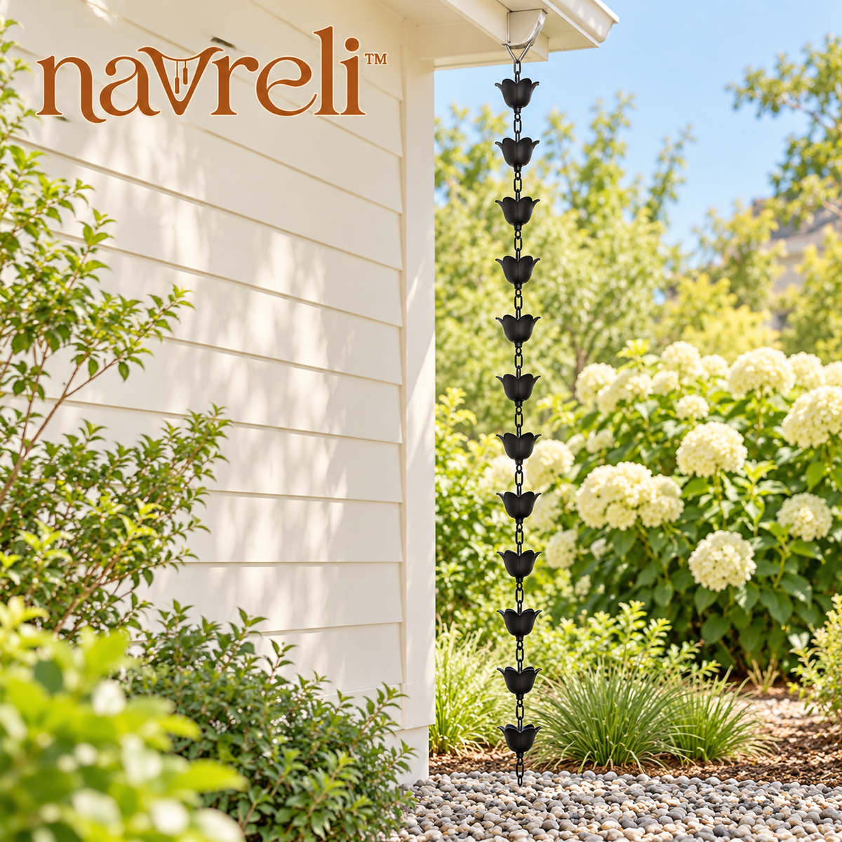 navreli™ Bloom Cup 8.5-Foot Aluminum Rain Chain, 12 Flower Cups with Gutter Hanger for Outdoor Eaves