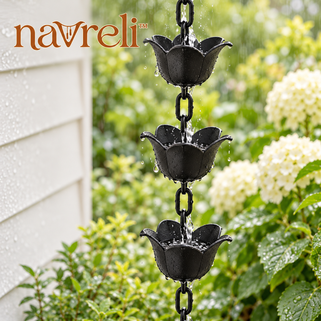 navreli™ Bloom Cup 8.5-Foot Aluminum Rain Chain, 12 Flower Cups with Gutter Hanger for Outdoor Eaves