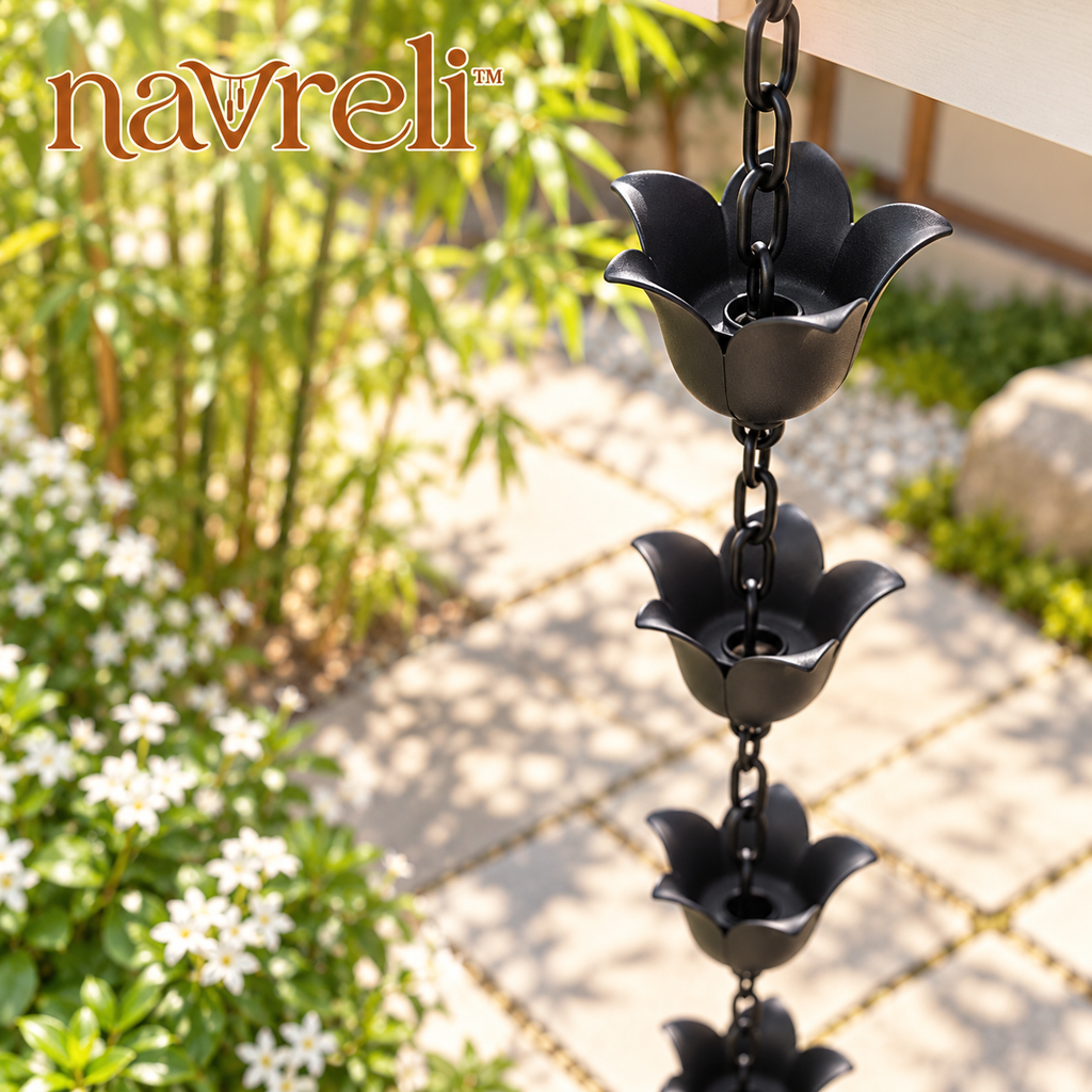 navreli™ Bloom Cup 8.5-Foot Aluminum Rain Chain, 12 Flower Cups with Gutter Hanger for Outdoor Eaves