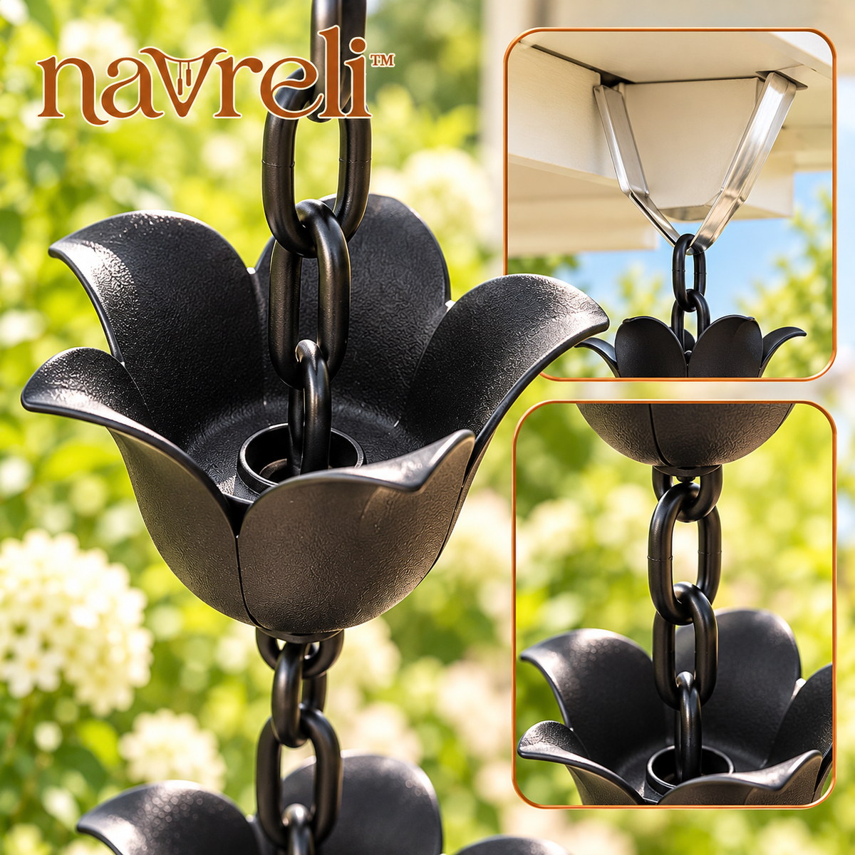 navreli™ Bloom Cup 8.5-Foot Aluminum Rain Chain, 12 Flower Cups with Gutter Hanger for Outdoor Eaves