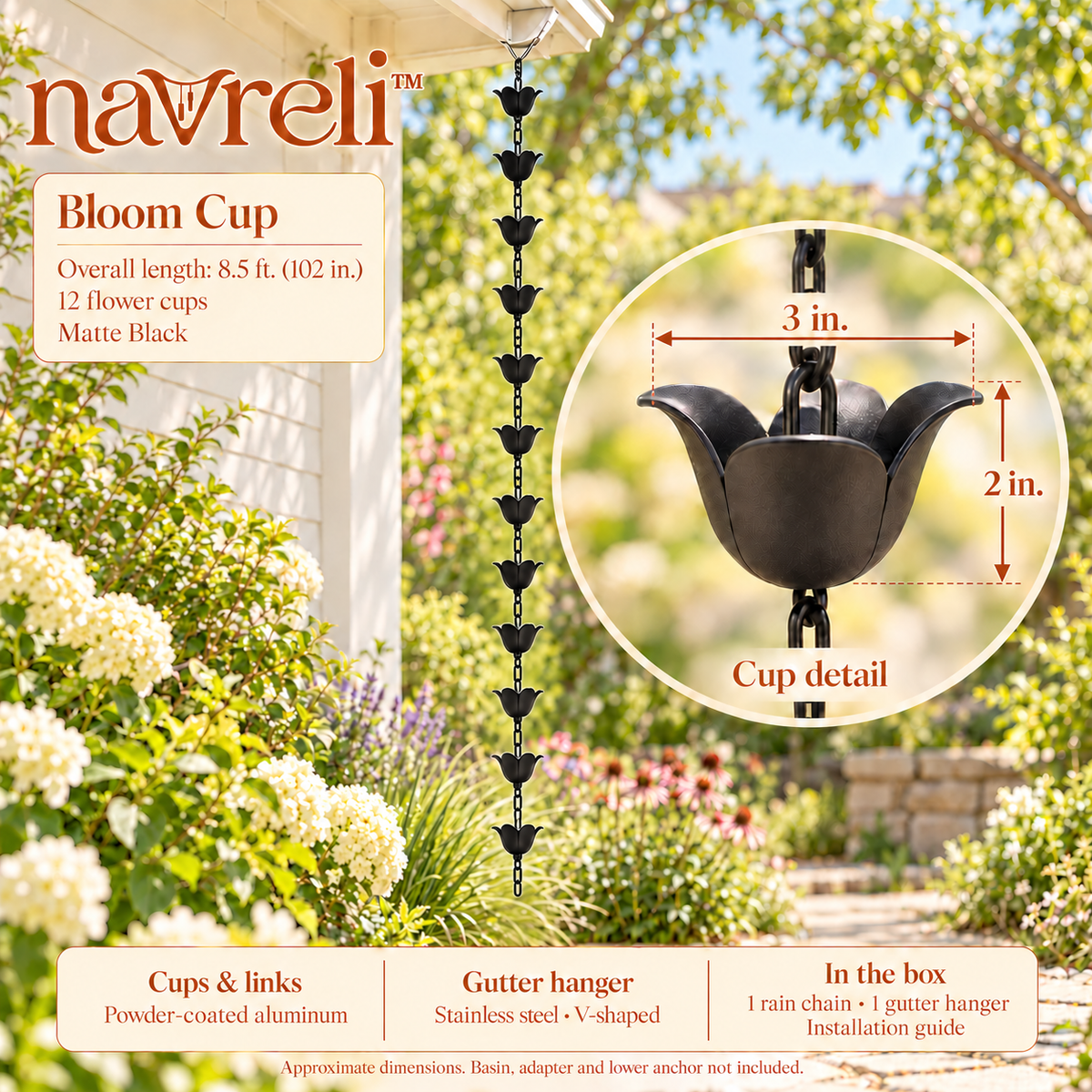 navreli™ Bloom Cup 8.5-Foot Aluminum Rain Chain, 12 Flower Cups with Gutter Hanger for Outdoor Eaves