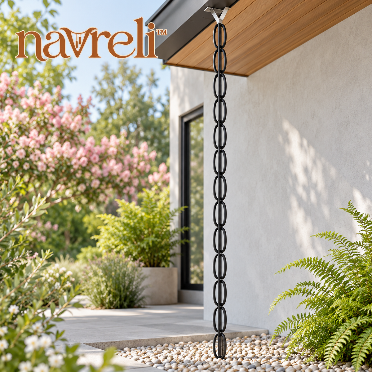 navreli™ Contour Link 8.5-Foot Aluminum Rain Chain, Double-Oval Decorative Gutter Chain with Hanging Hardware