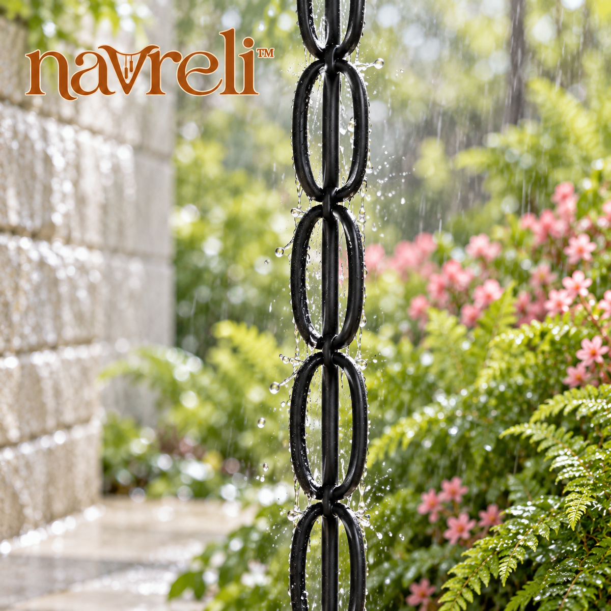 navreli™ Contour Link 8.5-Foot Aluminum Rain Chain, Double-Oval Decorative Gutter Chain with Hanging Hardware