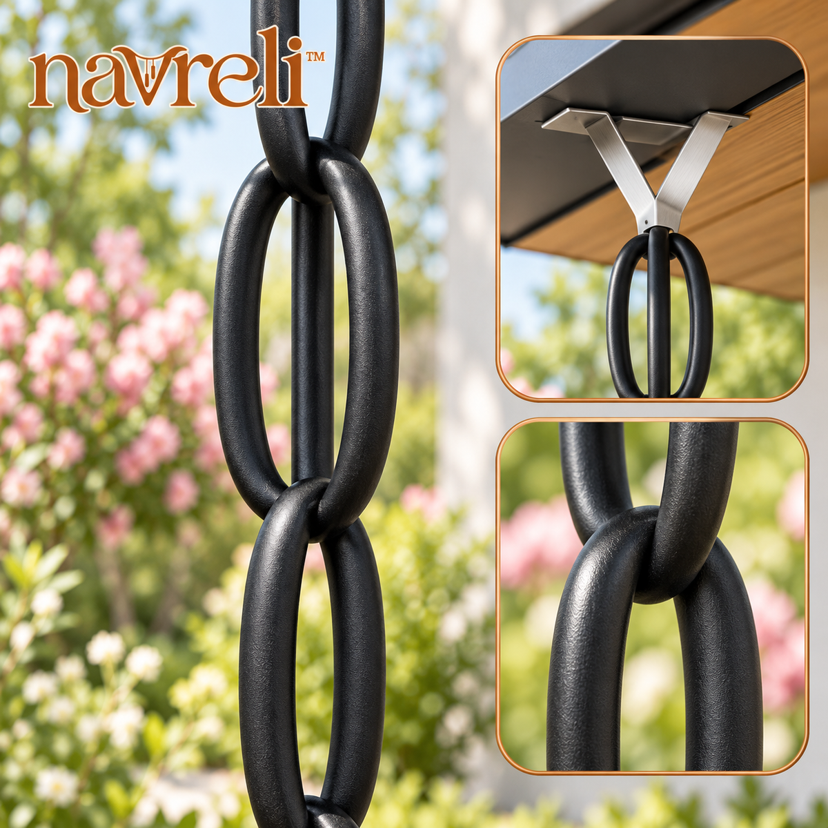 navreli™ Contour Link 8.5-Foot Aluminum Rain Chain, Double-Oval Decorative Gutter Chain with Hanging Hardware