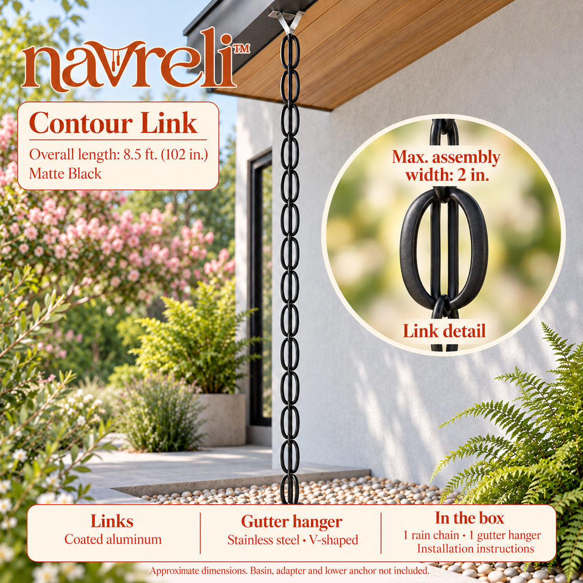 navreli™ Contour Link 8.5-Foot Aluminum Rain Chain, Double-Oval Decorative Gutter Chain with Hanging Hardware