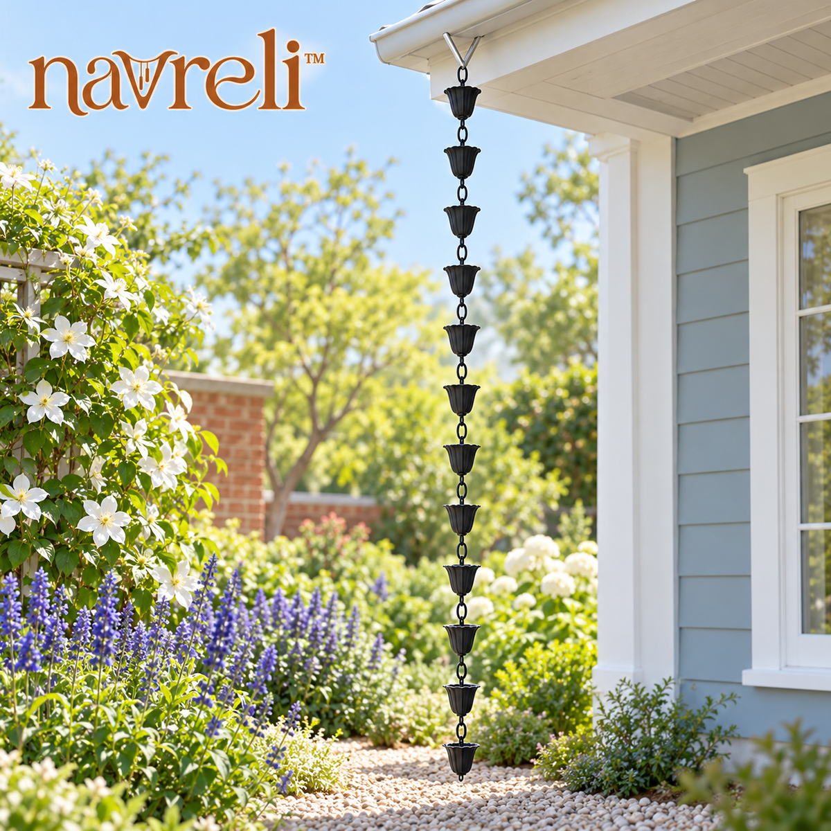 navreli™ Terrace Flute 8.5-Foot Aluminum Cup Rain Chain, 12 Fluted Cups for Porch & Garden Gutter Decor