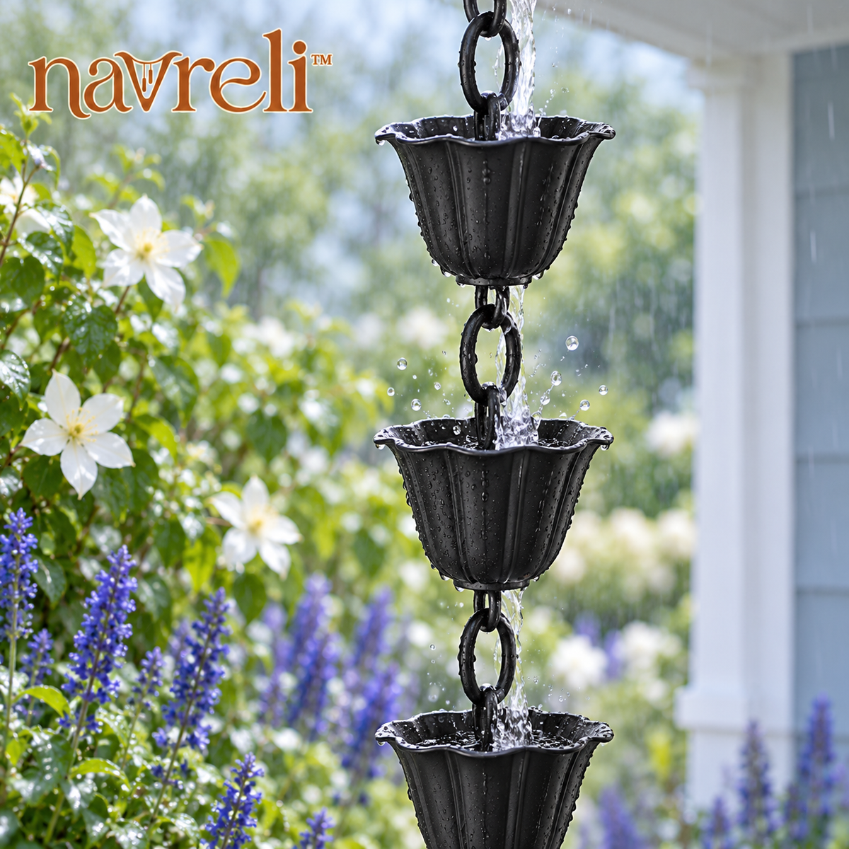 navreli™ Terrace Flute 8.5-Foot Aluminum Cup Rain Chain, 12 Fluted Cups for Porch & Garden Gutter Decor
