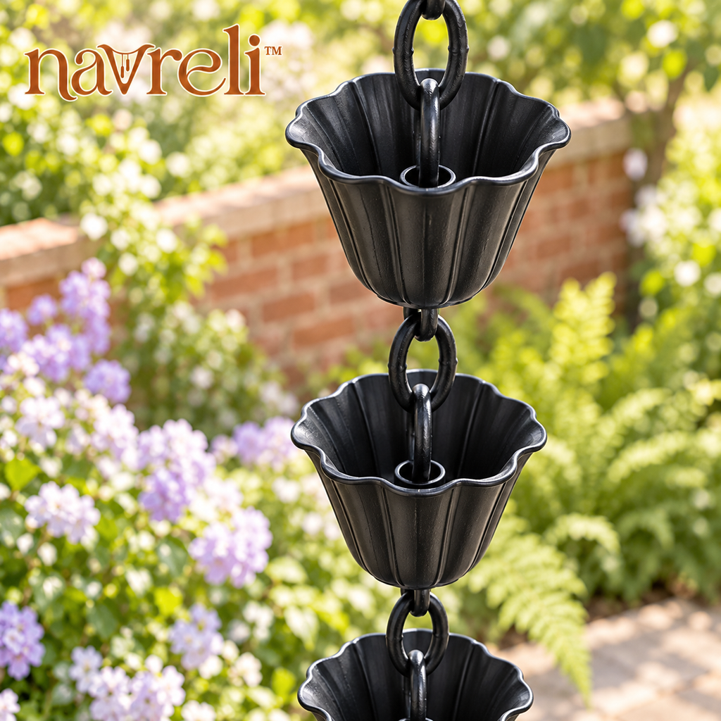 navreli™ Terrace Flute 8.5-Foot Aluminum Cup Rain Chain, 12 Fluted Cups for Porch & Garden Gutter Decor