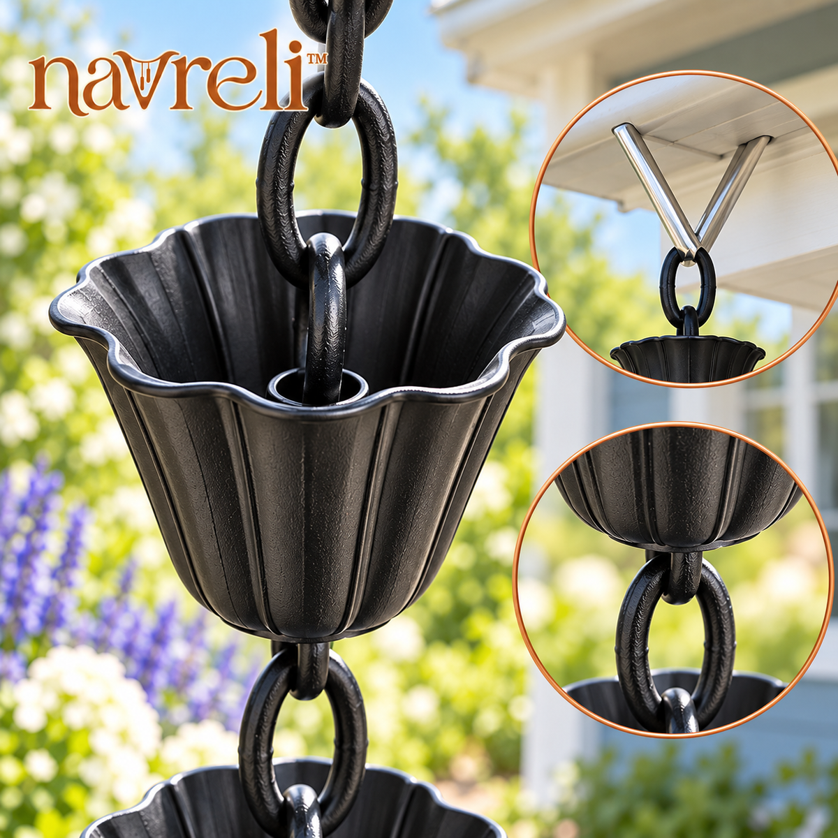 navreli™ Terrace Flute 8.5-Foot Aluminum Cup Rain Chain, 12 Fluted Cups for Porch & Garden Gutter Decor