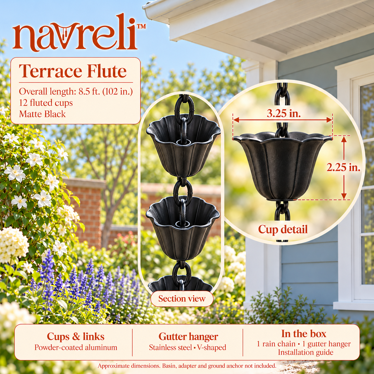 navreli™ Terrace Flute 8.5-Foot Aluminum Cup Rain Chain, 12 Fluted Cups for Porch & Garden Gutter Decor