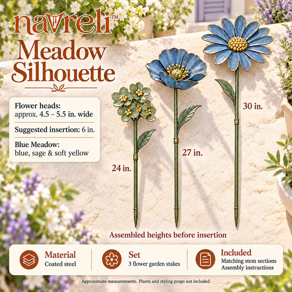 navreli™ Meadow Silhouette Metal Flower Garden Stakes, Set of 3 Decorative Yard & Planter Stakes