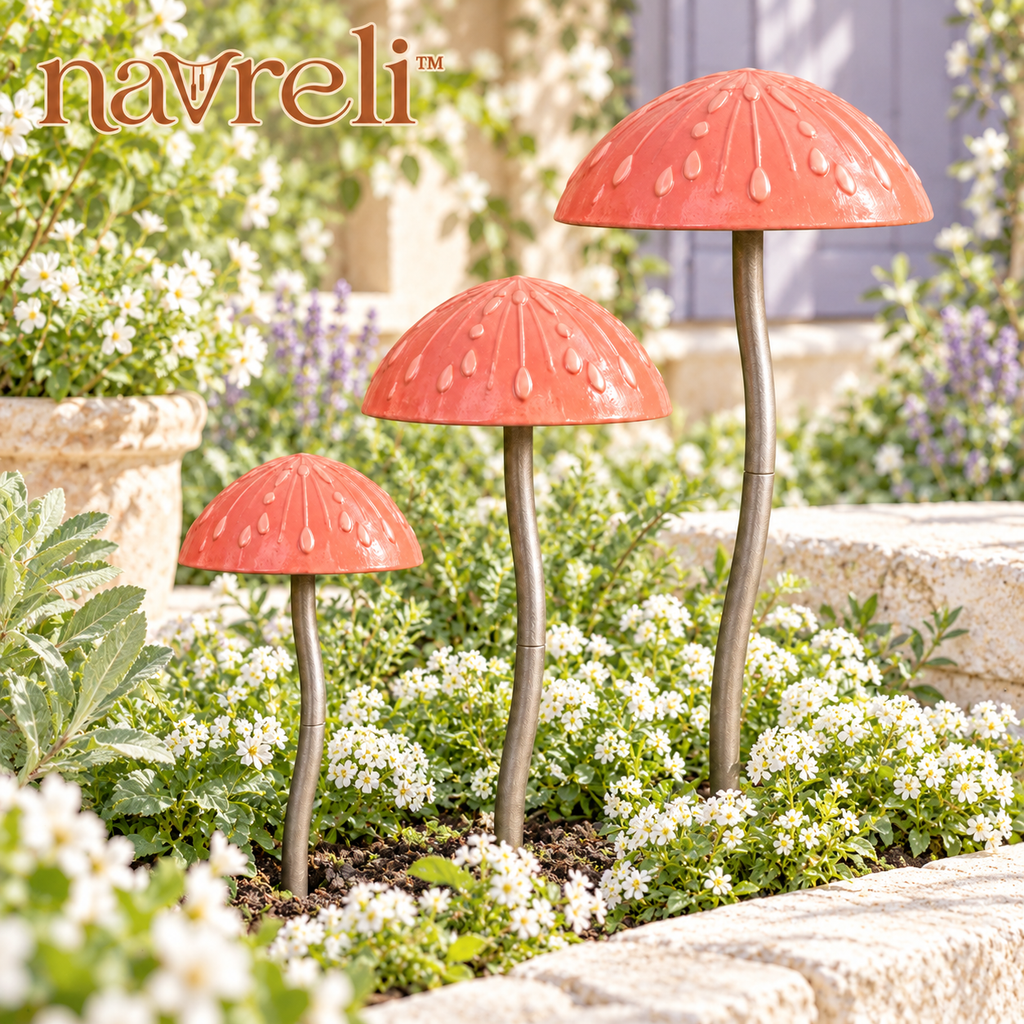 navreli™ Woodland Caps Metal Mushroom Garden Stakes, Set of 3 Outdoor Planter & Flower Bed Decorations