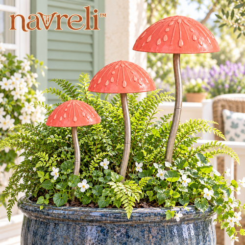 navreli™ Woodland Caps Metal Mushroom Garden Stakes, Set of 3 Outdoor Planter & Flower Bed Decorations