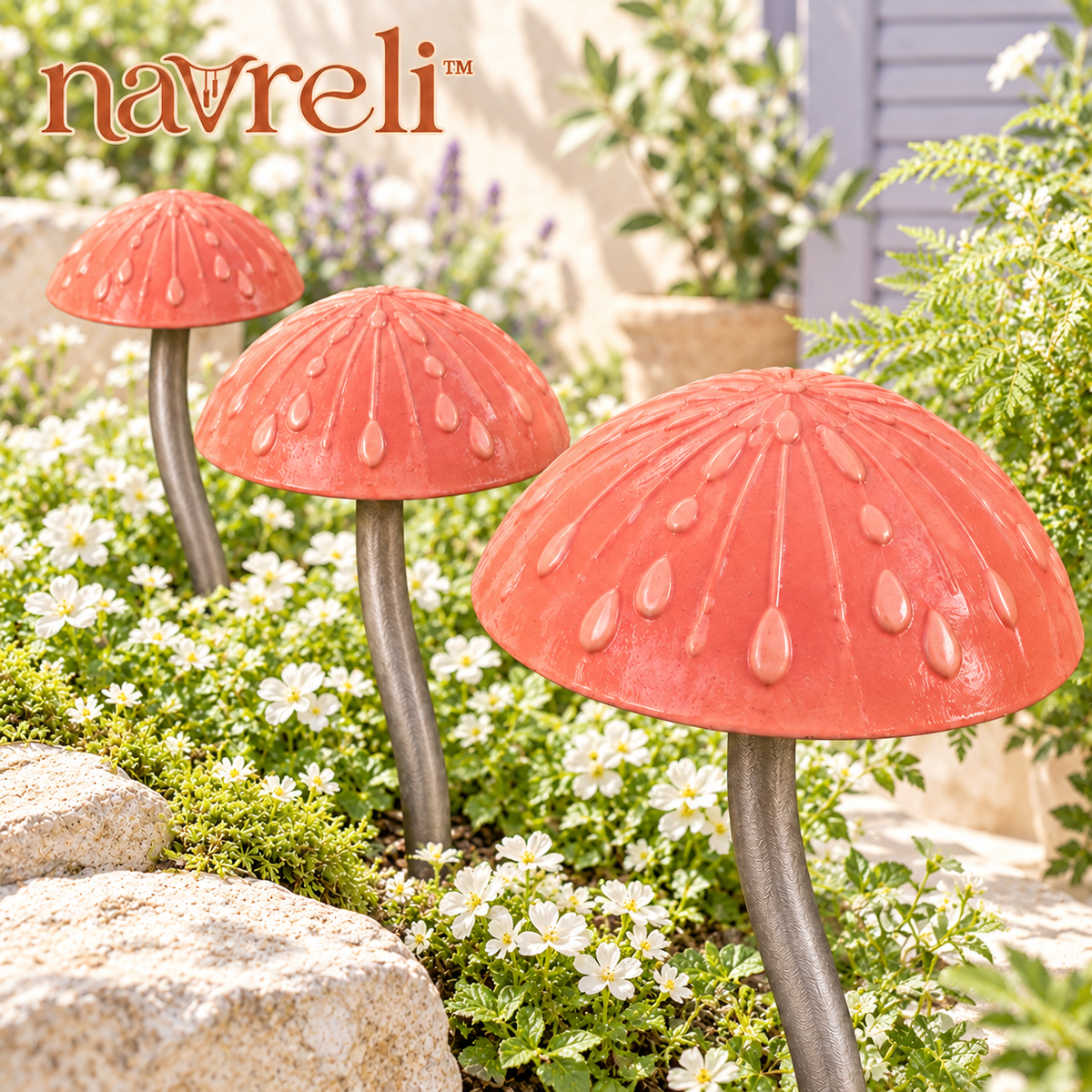 navreli™ Woodland Caps Metal Mushroom Garden Stakes, Set of 3 Outdoor Planter & Flower Bed Decorations