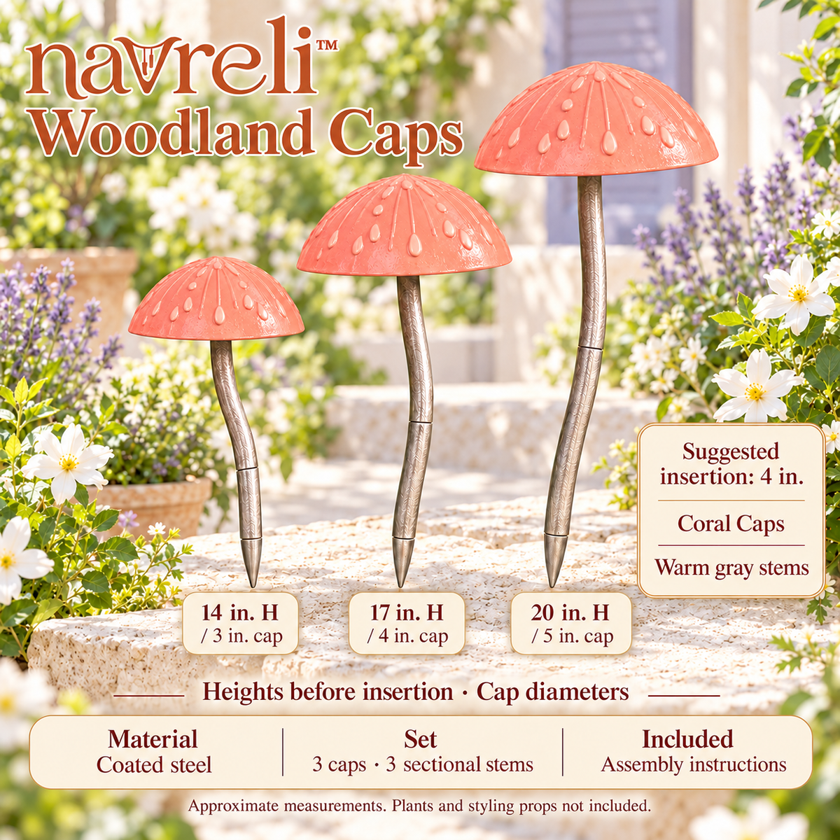navreli™ Woodland Caps Metal Mushroom Garden Stakes, Set of 3 Outdoor Planter & Flower Bed Decorations